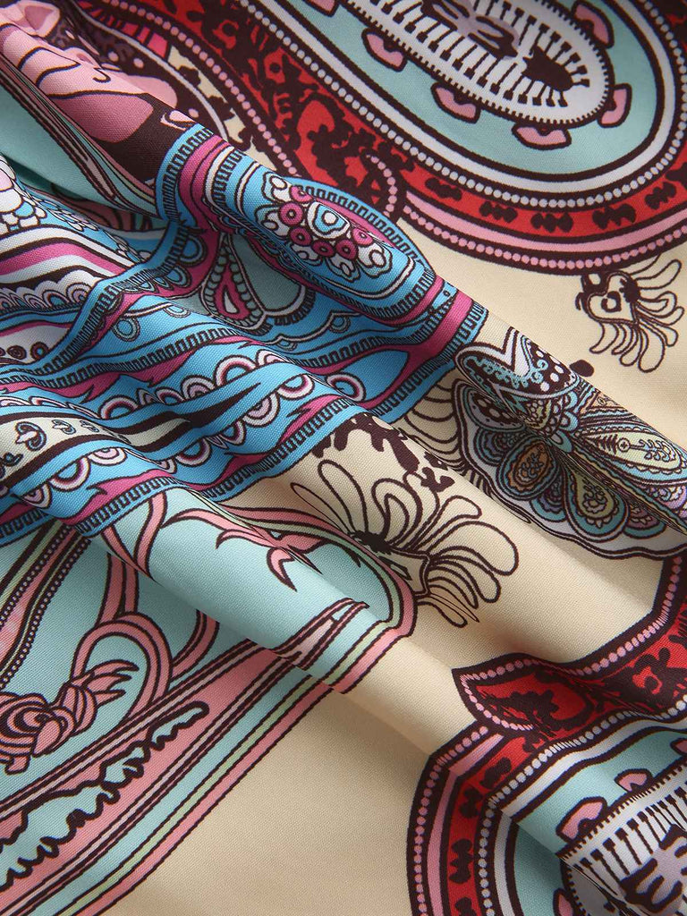 Mehrfarbig 1970er Boho Paisley Druck Gesmokt Puffärmel Kleid