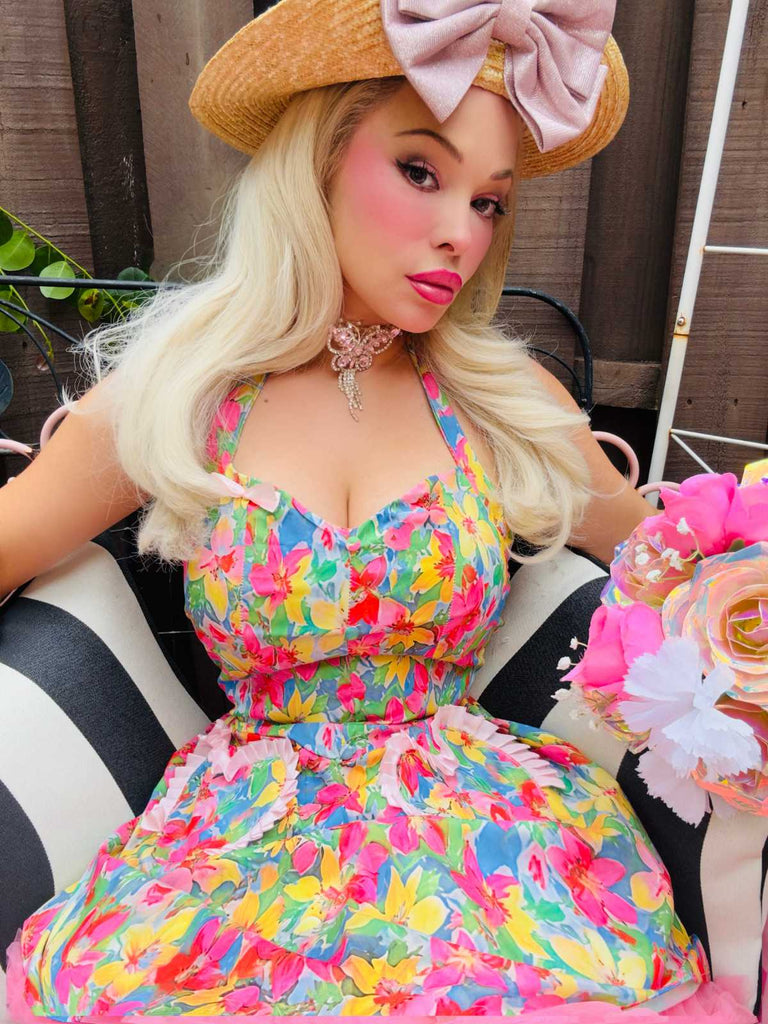 Mehrfarbig 1960er Halter Blumen Bogen Herz Kleid