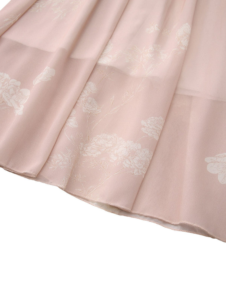Rosa 1940er V-Ausschnitt Blumen Gürtel Ärmelloses Kleid