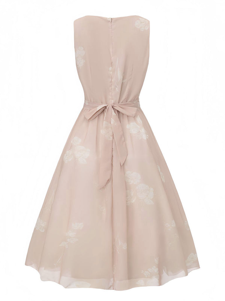 Rosa 1940er V-Ausschnitt Blumen Gürtel Ärmelloses Kleid