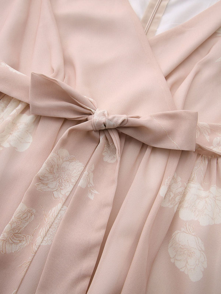Rosa 1940er V-Ausschnitt Blumen Gürtel Ärmelloses Kleid