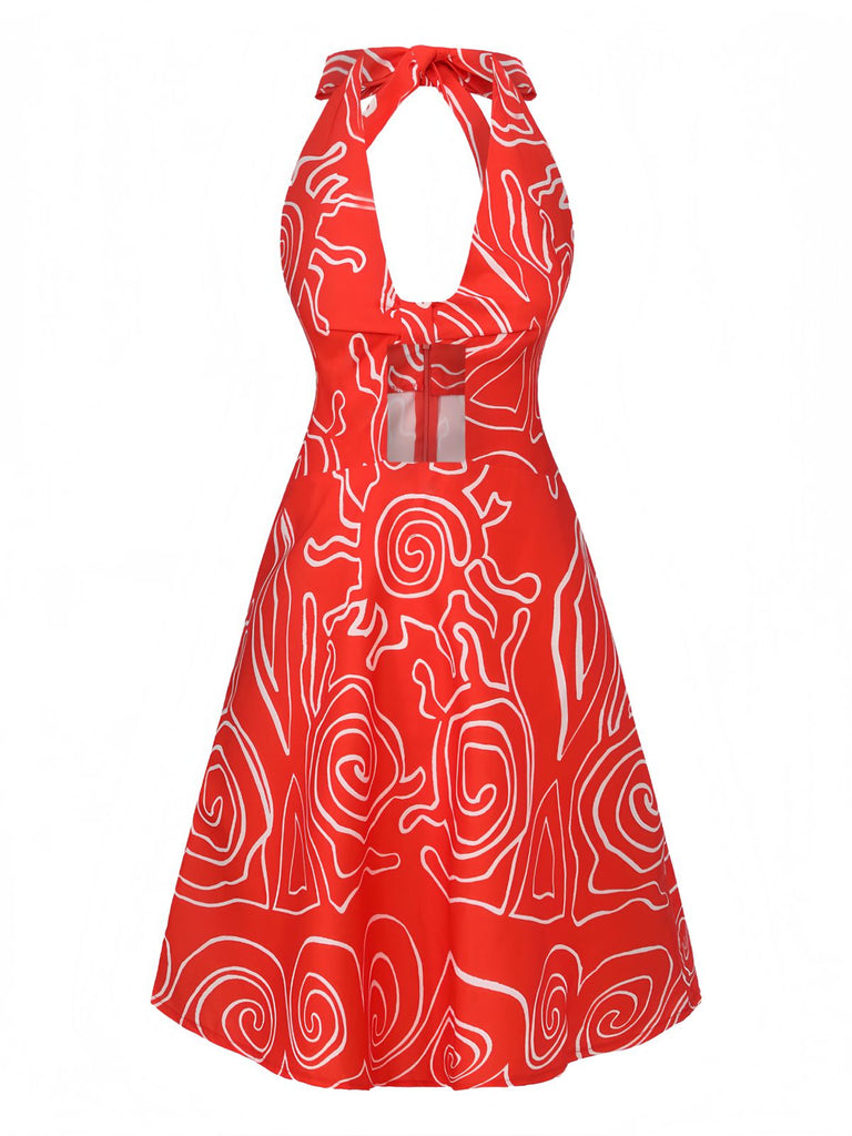 Rot 1960er Abstraktes Muster Cutout Twist Halter Kleid