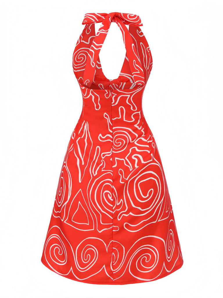 Rot 1960er Abstraktes Muster Cutout Twist Halter Kleid