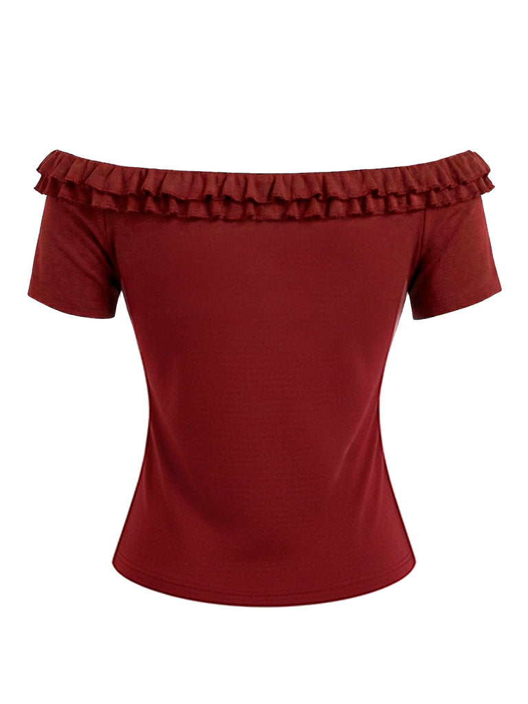 [Vorverkauf] 2PCS Rot 1960er Rüschen Rose Stricken Top & Polka Dot Rock