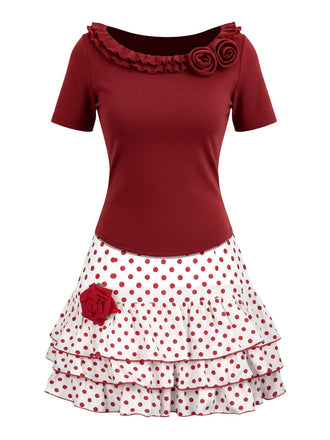 [Vorverkauf] 2PCS Rot 1950er Rüschen Rose Stricken Top & Polka Dot Rock