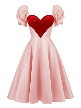 [Vorverkauf] Rosa 1950er Süß Herz Puffärmel Kleid