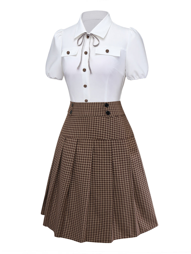 [Vorverkauf] 2PCS 1940er Kariert Taste Bogen Bluse & Plissiertes Rock