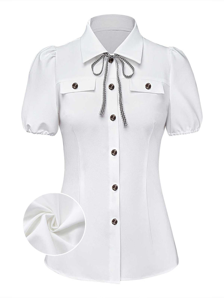 [Vorverkauf] Weiß 1940er Kariert Taste Bogen Bindung Bluse