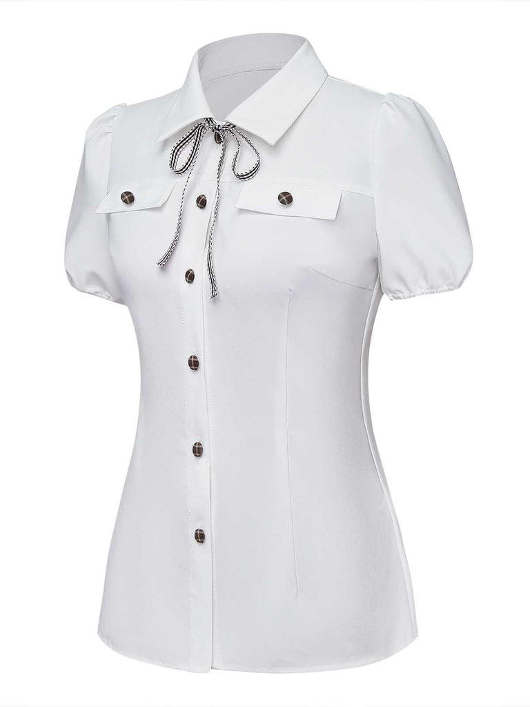 [Vorverkauf] Weiß 1940er Kariert Taste Bogen Bindung Bluse