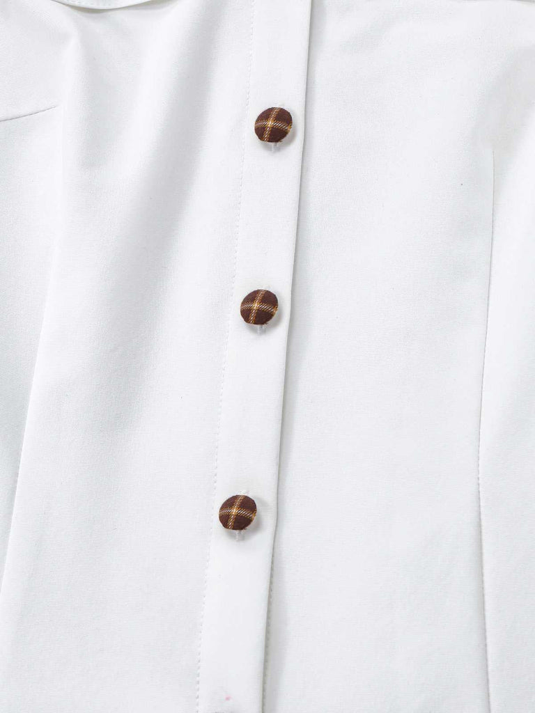 [Vorverkauf] Weiß 1940er Kariert Taste Bogen Bindung Bluse