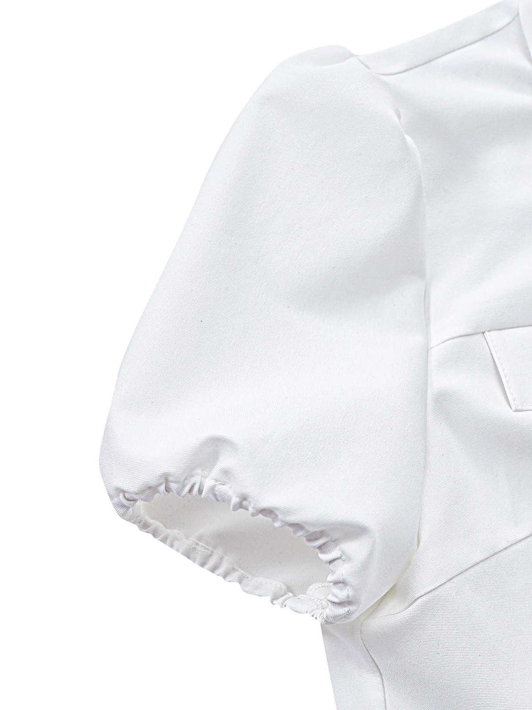 [Vorverkauf] Weiß 1940er Kariert Taste Bogen Bindung Bluse