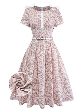 [Vorverkauf] Rosa 1940er Kleinblümig Bogen Gürtel Kleid