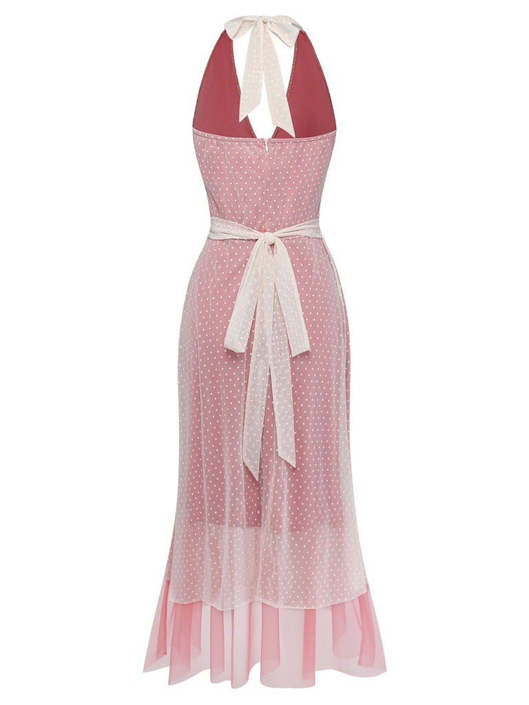 [Vorverkauf] Rosa 1930er Polka Punkte Netz V-Ausschnitt Kleid