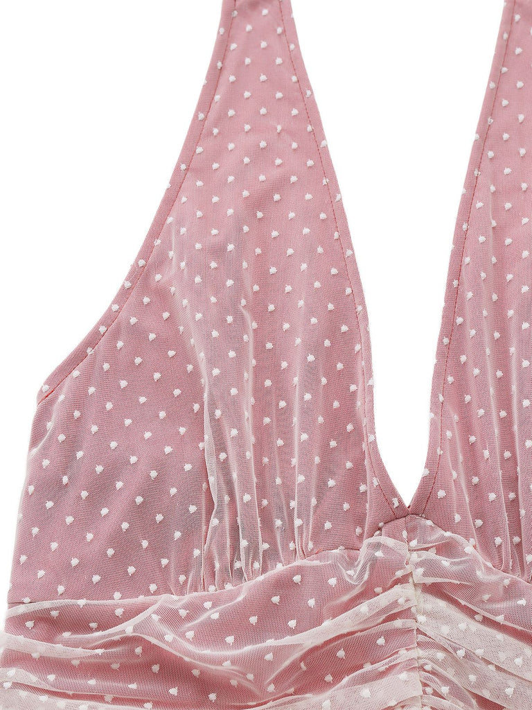 [Vorverkauf] Rosa 1930er Polka Punkte Netz V-Ausschnitt Kleid