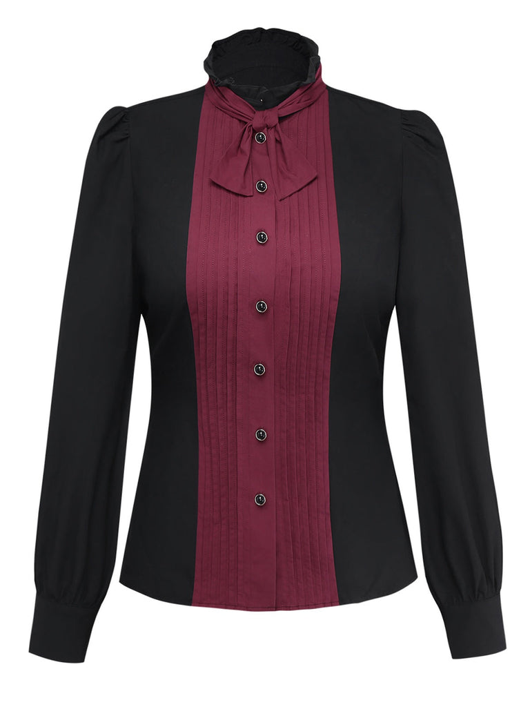 [Vorverkauf] Schwarz 1940er Baumwolle Falten Plissiertes Bogen Bluse