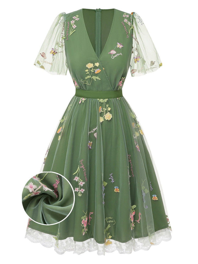 [Vorverkauf] Grün 1950er Blumen Puffärmel Netz Bestickt Kleid