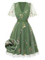 [Vorverkauf] Grün 1950er Blumen Puffärmel Netz Bestickt Kleid