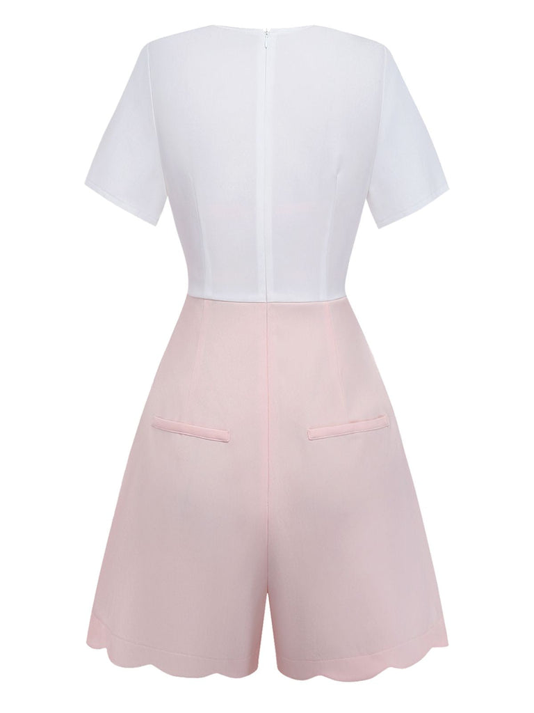 [Vorverkauf] Weiß 1960er Herz Druck Rosa Button Detail Romper