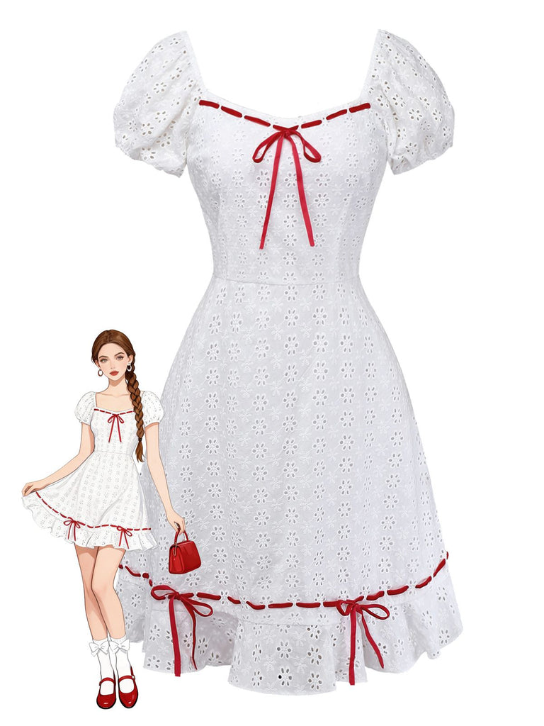 [Vorverkauf] Weiß 1960er Baumwolle Bestickt Bogen Puffärmel Kleid