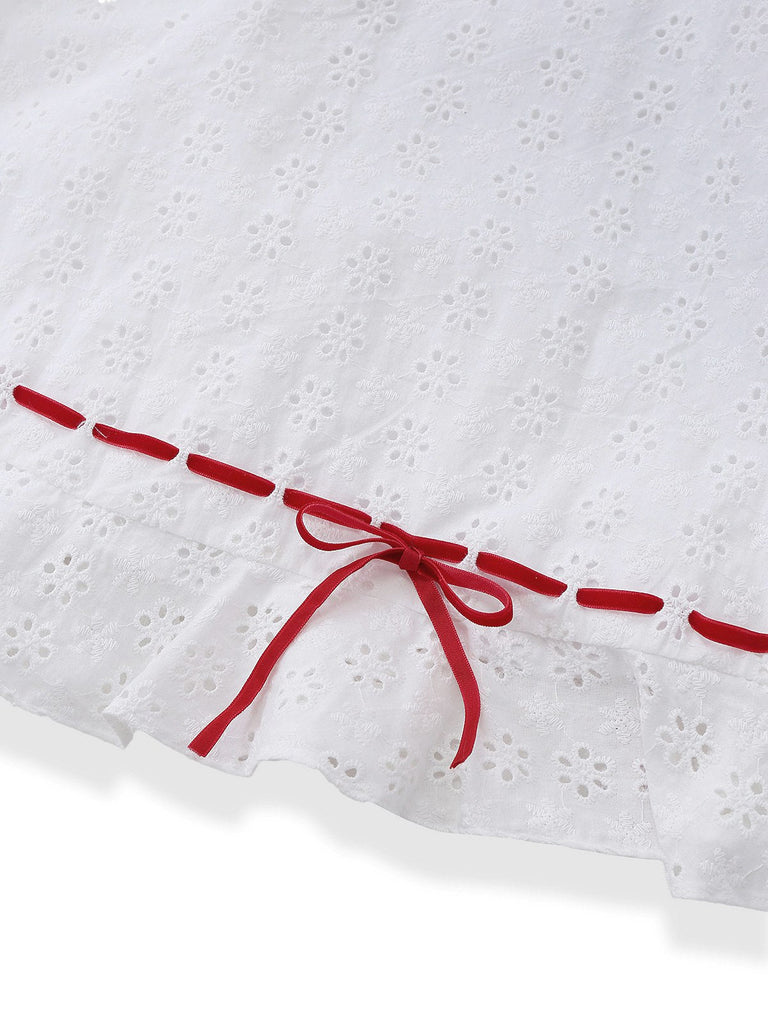 [Vorverkauf] Weiß 1960er Baumwolle Bestickt Bogen Puffärmel Kleid