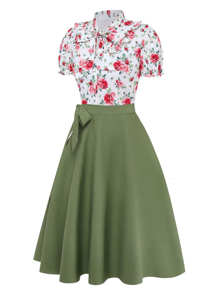 [Vorverkauf] 2PCS Grün 1950er Blumen Schleife Bluse & Swing Rock