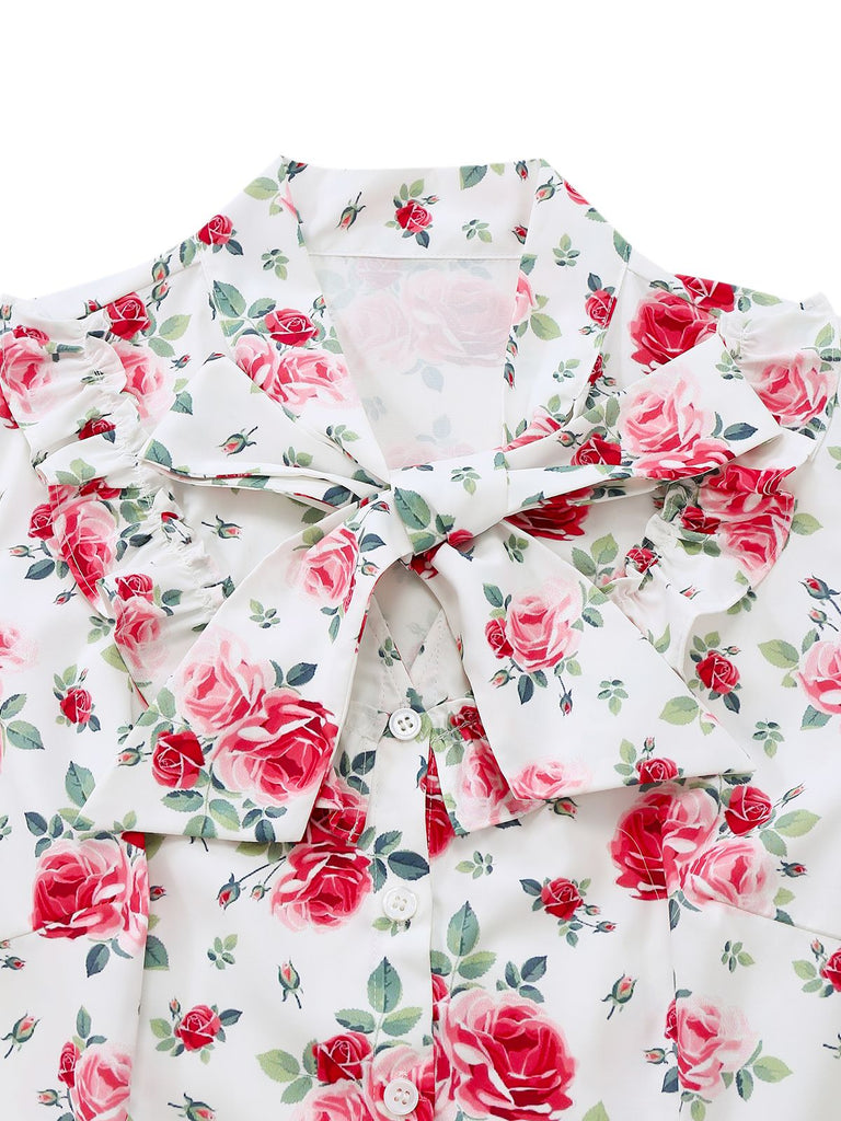 [Vorverkauf] Weiß 1950er Blumen Schleife Puffärmel Bluse