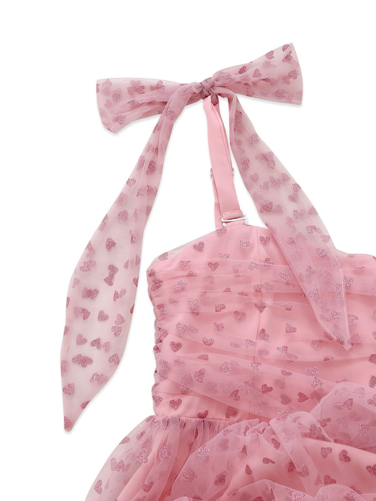 [Vorverkauf] Rosa 1950er Herz Schulter Bindung Gerafft Kleid