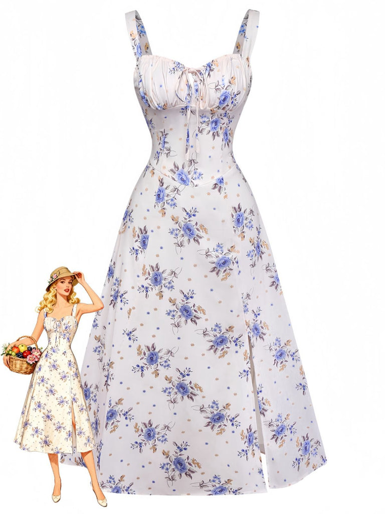 [Größentabelle] Beige 1950er Blumen Schnürung Seitenschlitz Kleid