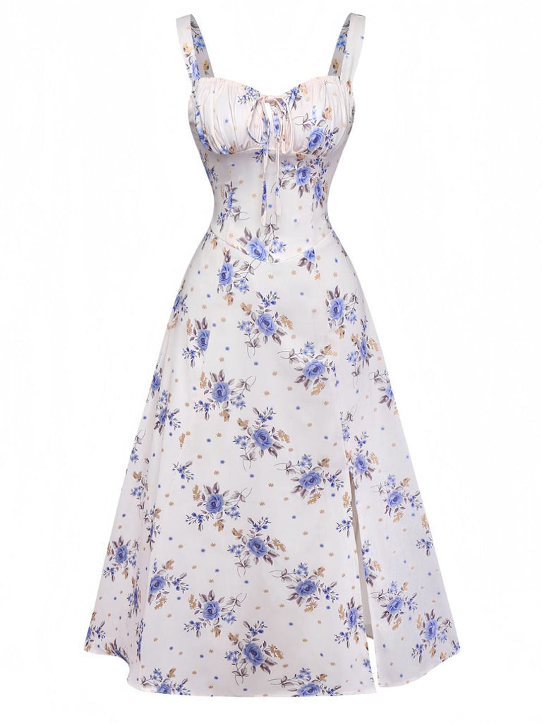 [Größentabelle] Beige 1950er Blumen Schnürung Seitenschlitz Kleid