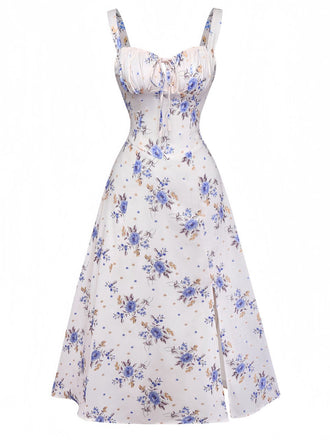 Beige 1950er Blumen Schnürung Seitenschlitz Kleid