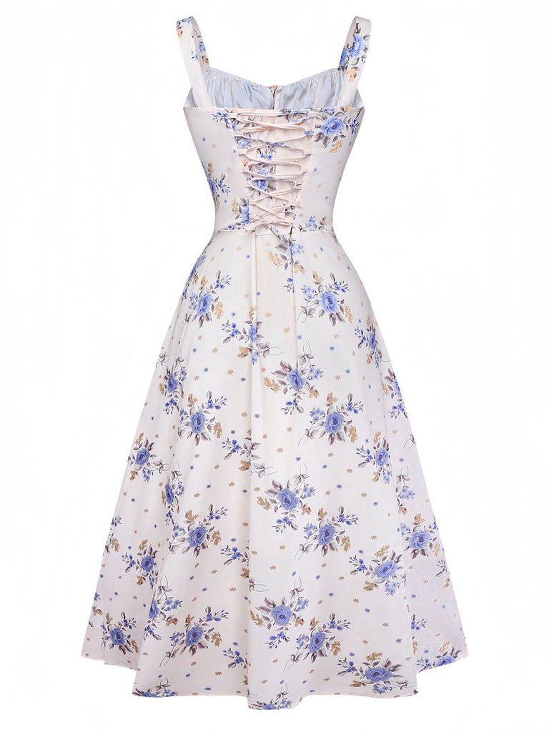 [Größentabelle] Beige 1950er Blumen Schnürung Seitenschlitz Kleid
