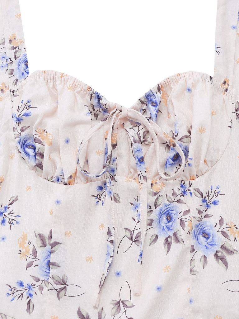 [Größentabelle] Beige 1950er Blumen Schnürung Seitenschlitz Kleid