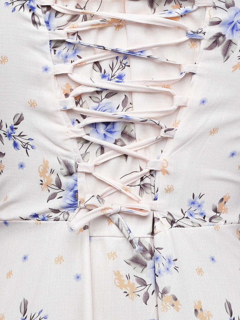 [Größentabelle] Beige 1950er Blumen Schnürung Seitenschlitz Kleid