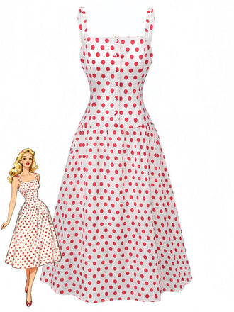 Rot 1950er Polka Punkte Quadratischer Hals Breit Träger Kleid