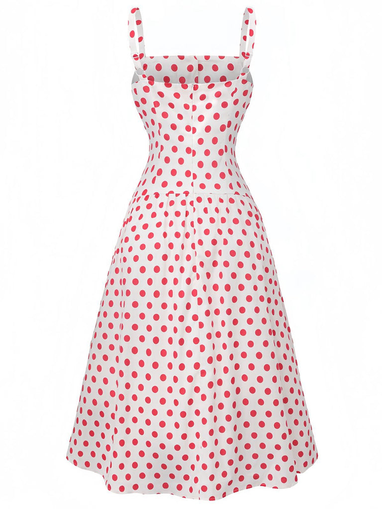 Rot 1950er Polka Punkte Quadratischer Hals Breit Träger Kleid
