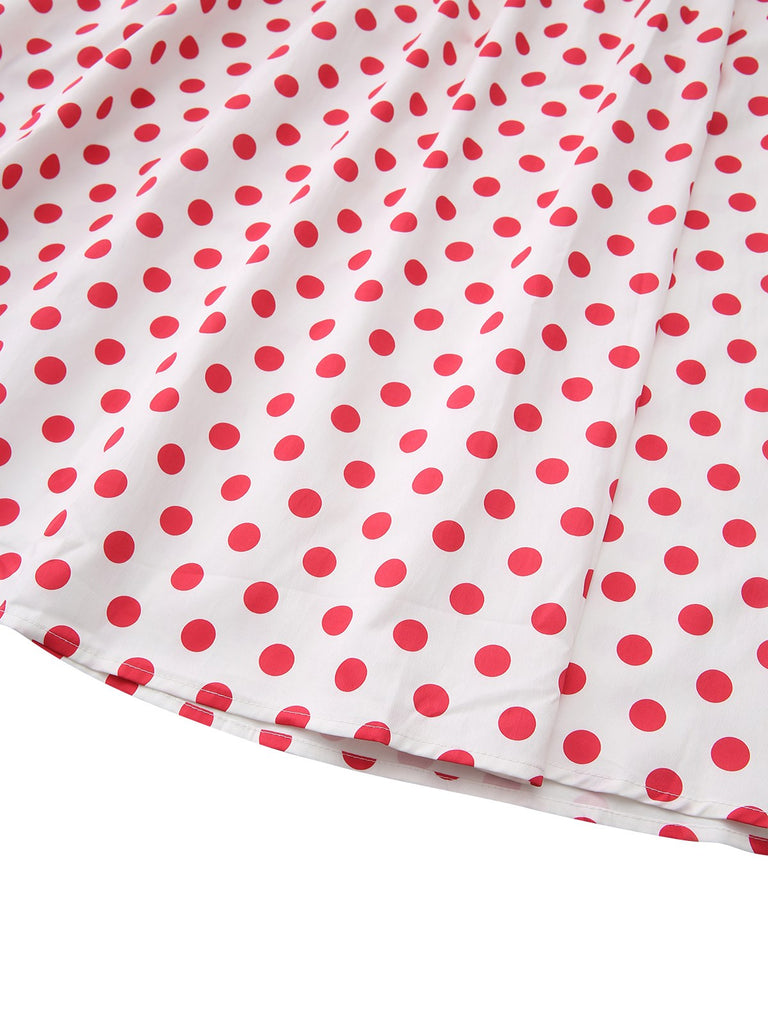 Rot 1950er Polka Punkte Quadratischer Hals Breit Träger Kleid