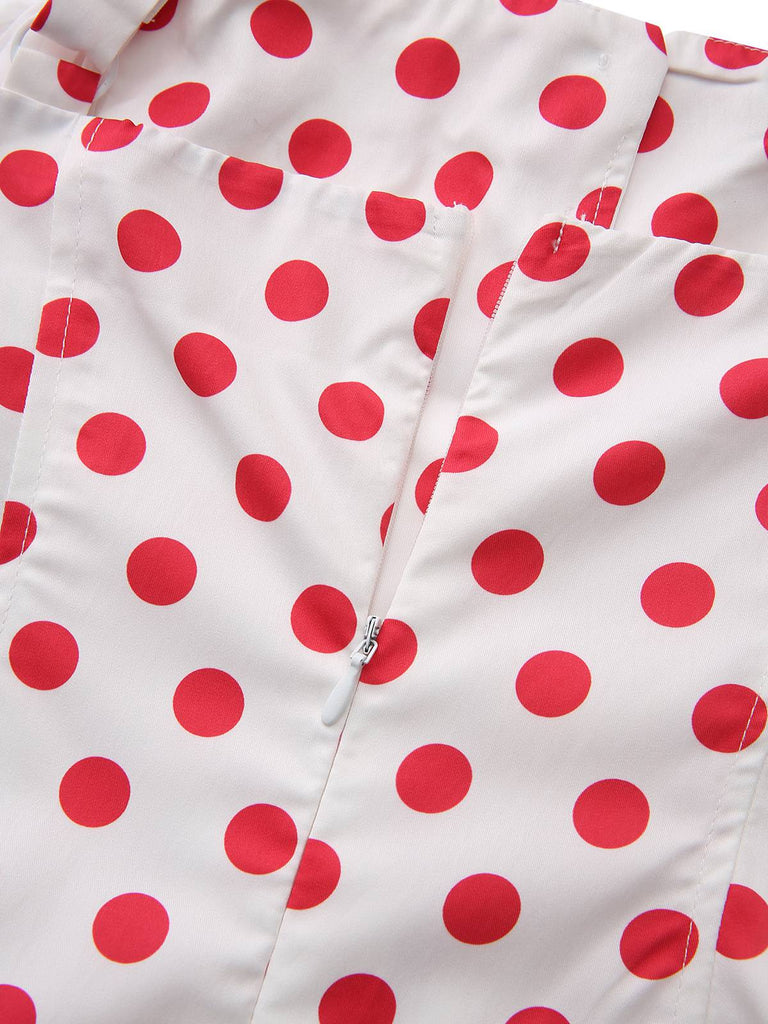Rot 1950er Polka Punkte Quadratischer Hals Breit Träger Kleid