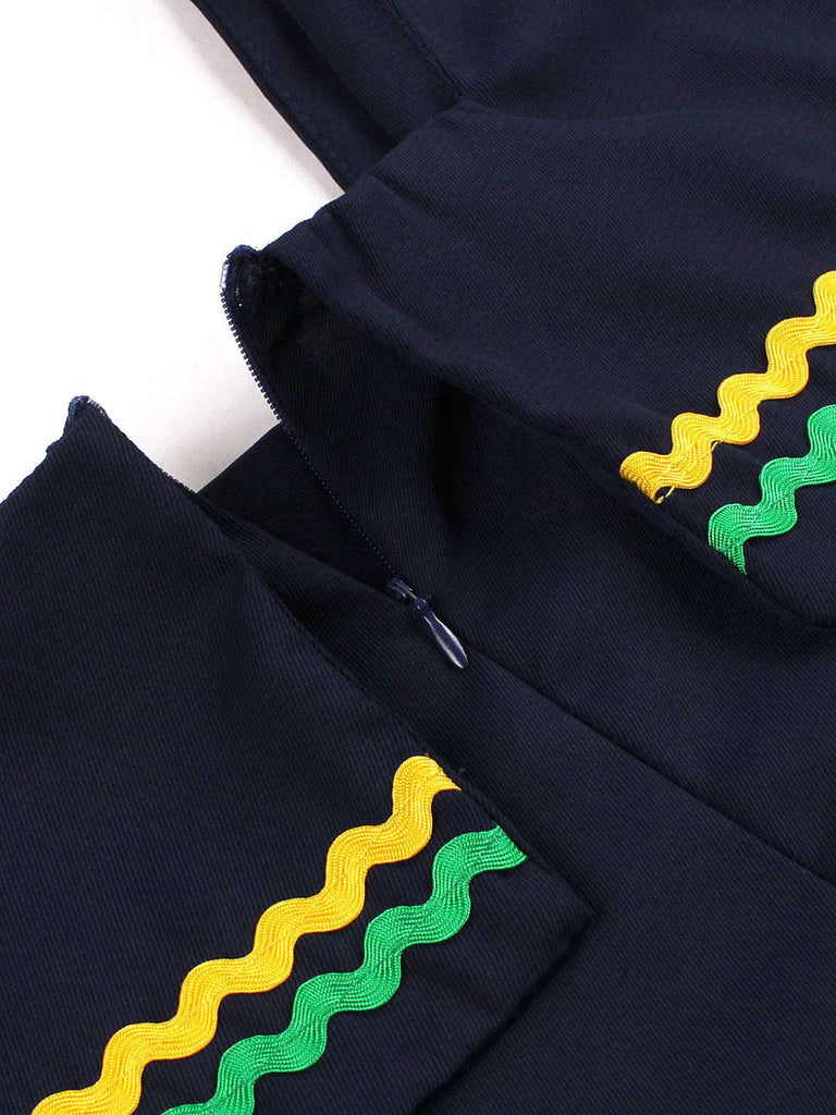 Marineblau 1950er Quadratischer Hals Wellig Streifen Ärmellos Kleid