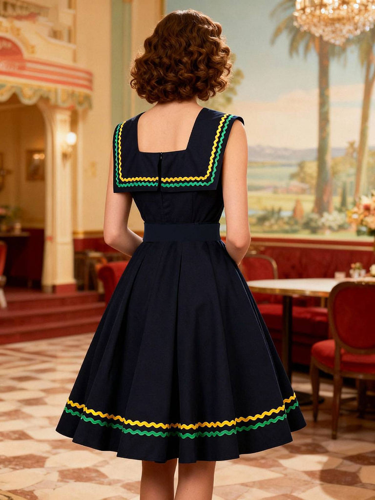 Marineblau 1950er Quadratischer Hals Wellig Streifen Ärmellos Kleid