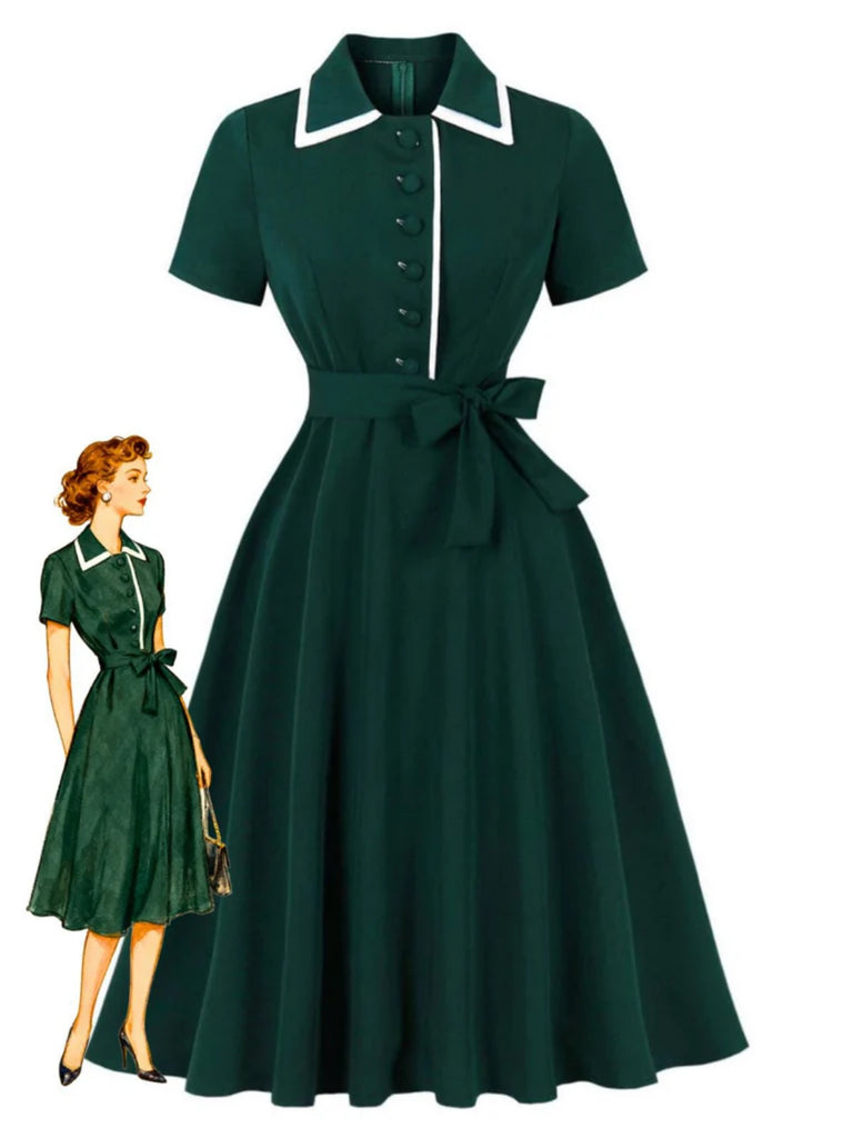 Dunkelgrün 1950er Kontrastierend Revers Swing Kleid
