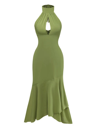 Grün 1930er Halter Netz Rückenfrei Chiffon Midi Kleid