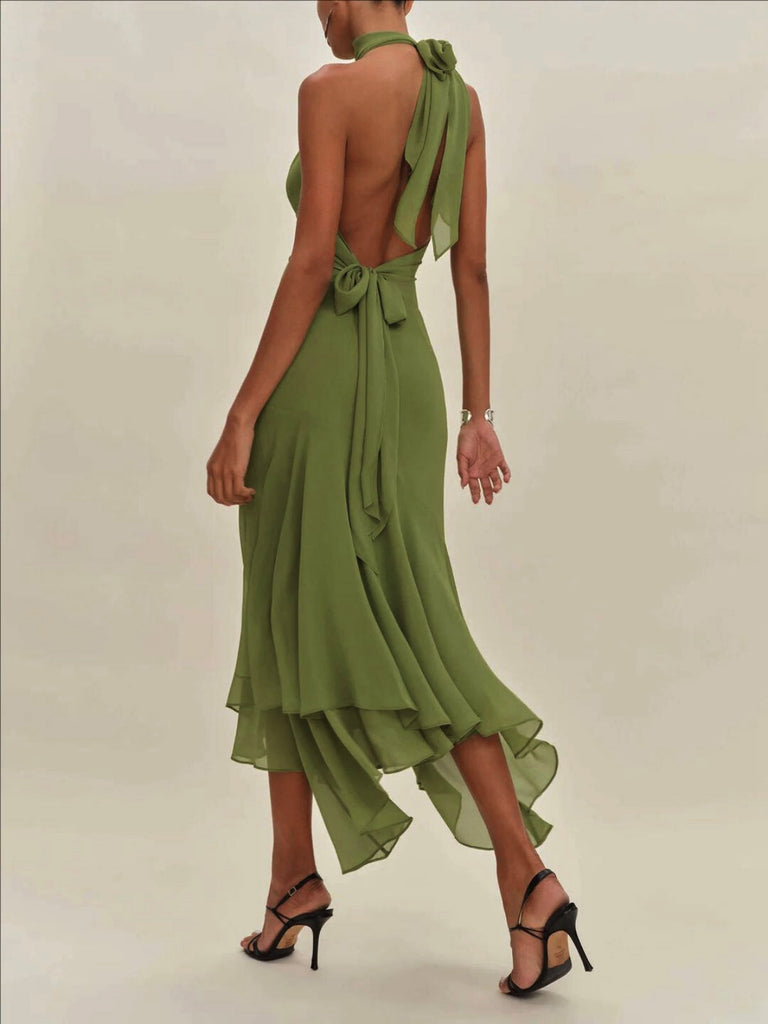Grün 1930er Halter Netz Rückenfrei Chiffon Midi Kleid