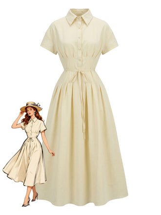 Gelb 1940er Taillenbindung Knopf Hemd Kragen Kleid