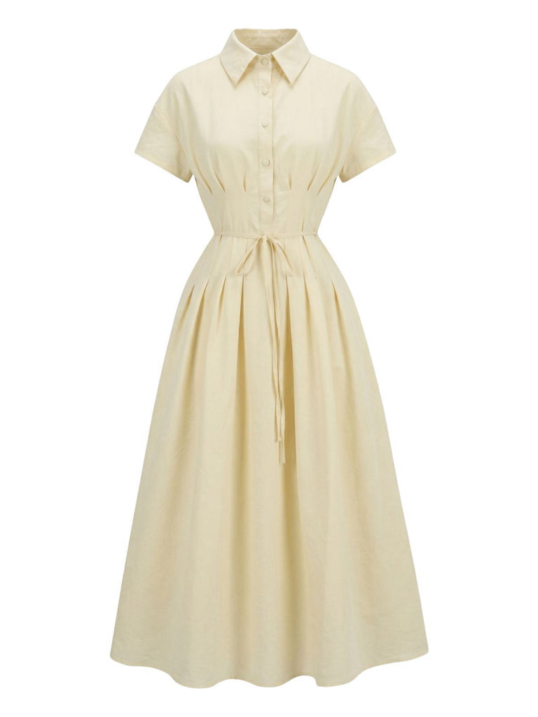 Gelb 1940er Taillenbindung Knopf Hemd Kragen Kleid