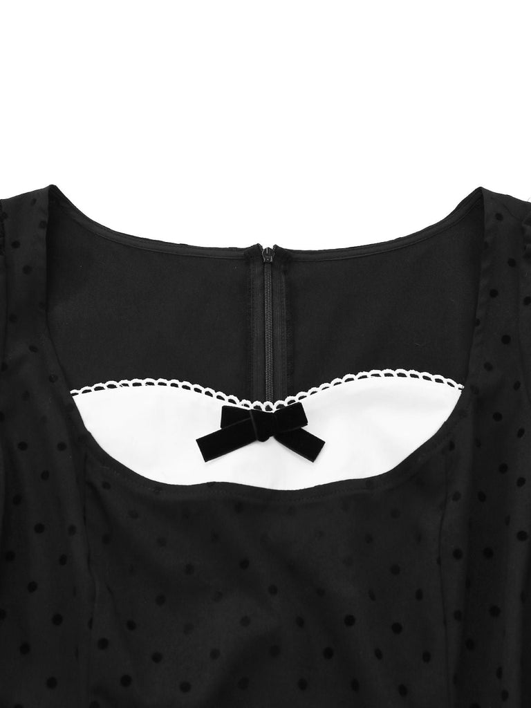 [Vorverkauf] Schwarz 1960er Tupfen Bogen Detail Seite Schlitz Kleid