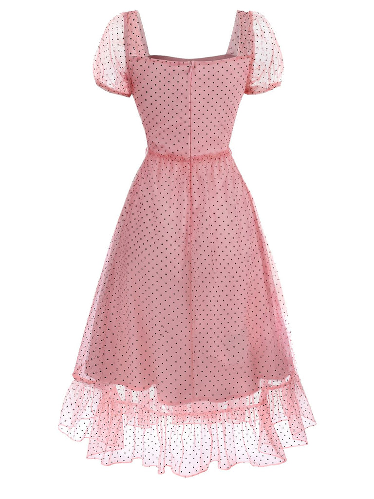 [Vorverkauf] Rosa 1950er Polka Dot Rüschen Netz Kleid