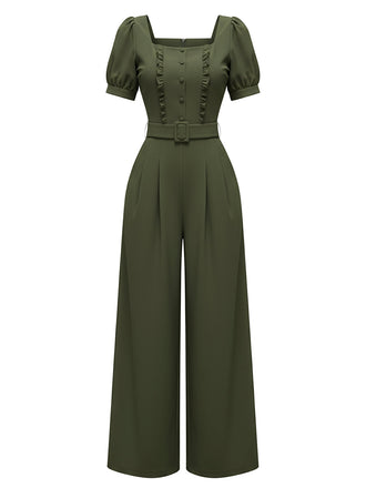 [Vorverkauf] Grün 1960er Solide Rüschen Puffärmel Jumpsuit