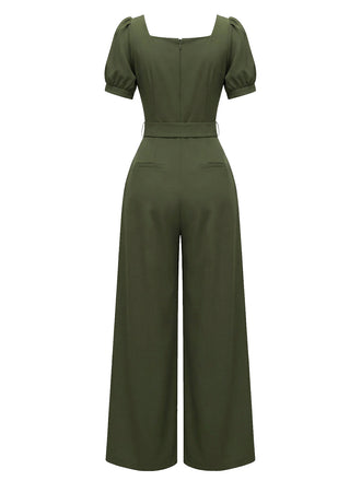 [Vorverkauf] Grün 1960er Solide Rüschen Puffärmel Jumpsuit