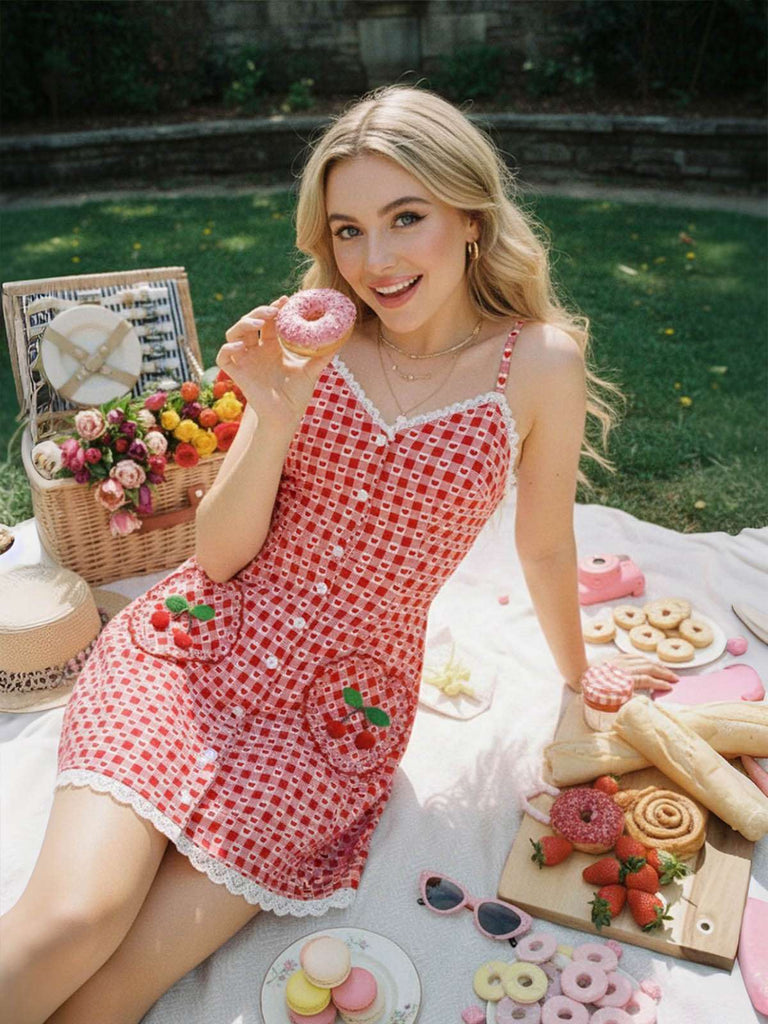 [Vorverkauf] Rot 1960er Herz Kirsche Kariert Spitze Slip Kleid