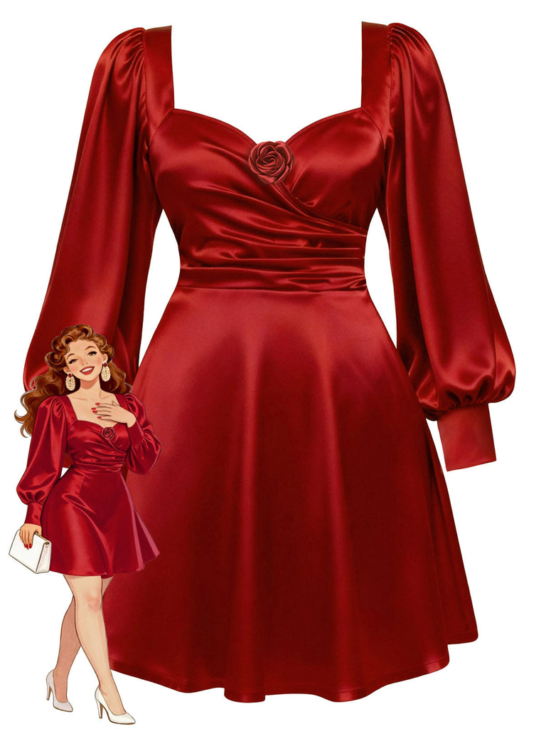 [Vorverkauf] [Übergröße] Weinrot 1960er Valentinstag Satin 3D Rose Kleid
